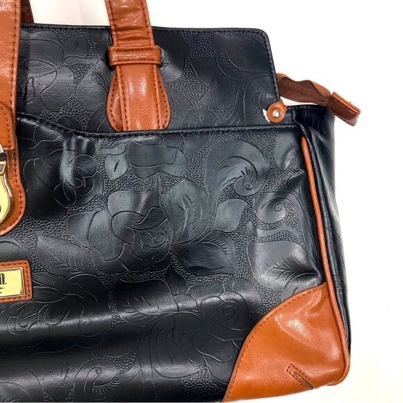 Gigi Hill LA Black Brown Tooled Vegan Leather Extra Large Travel Duffel Tote - Picture 5 of 16